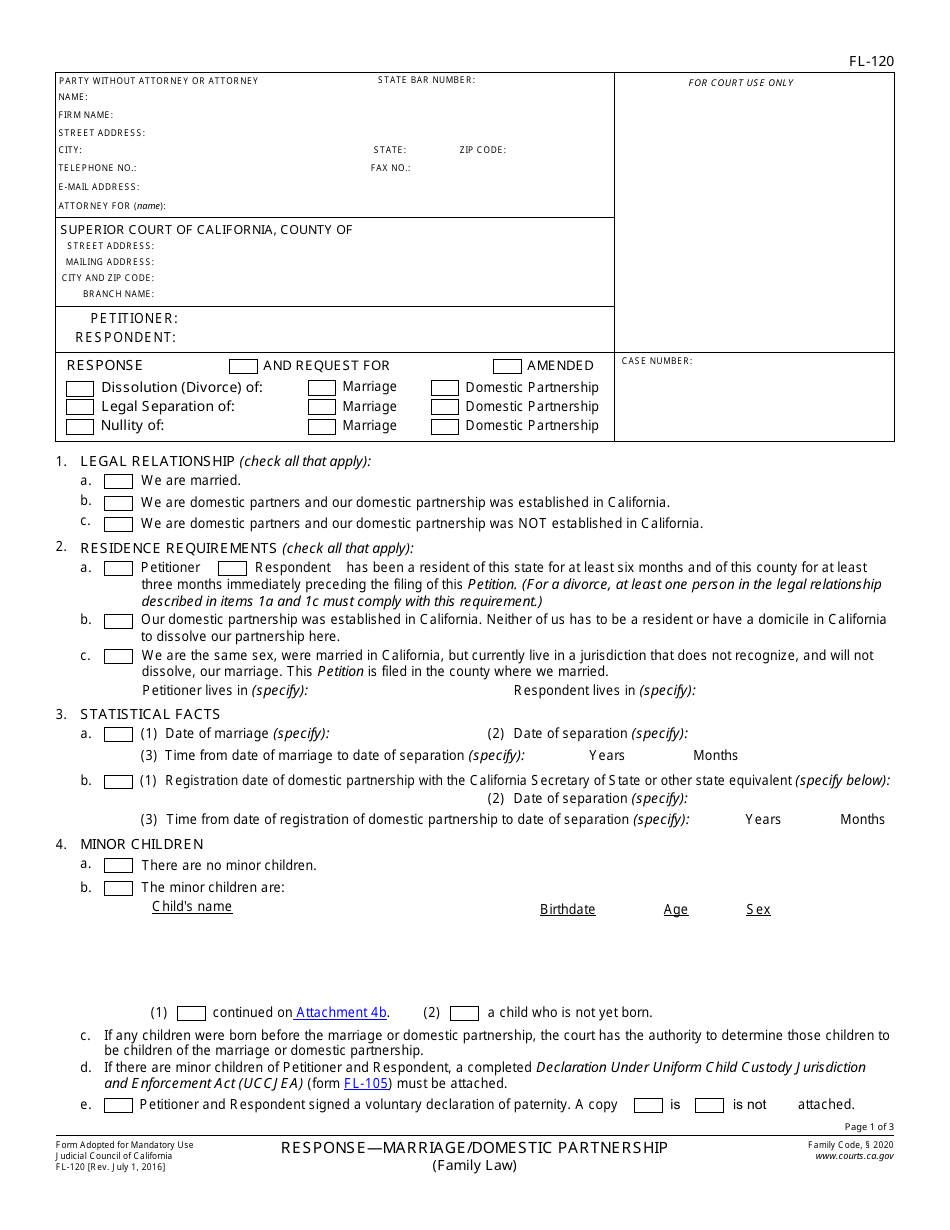 Form FL-120 Response - Marriage / Domestic Partnership - California, Page 1