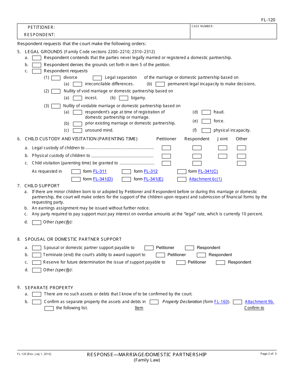 Form FL-120 Response - Marriage / Domestic Partnership - California, Page 2