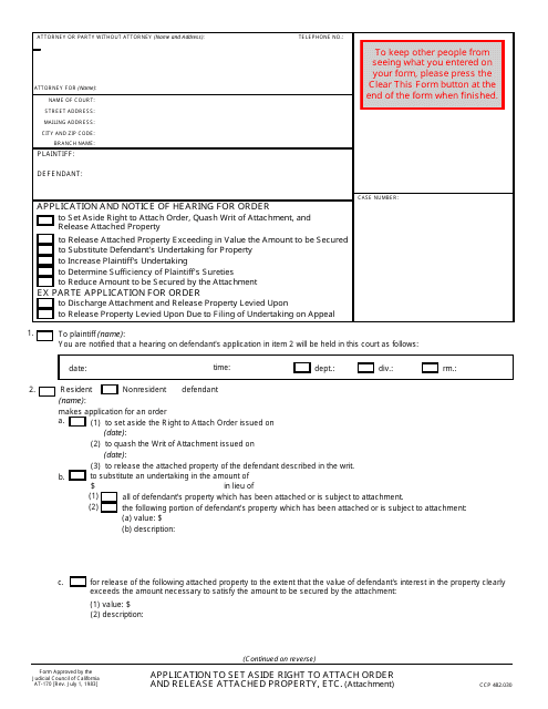 Form AT-170 Application to Set Aside Right to Attach Order and Release Attached Property, Etc. - California