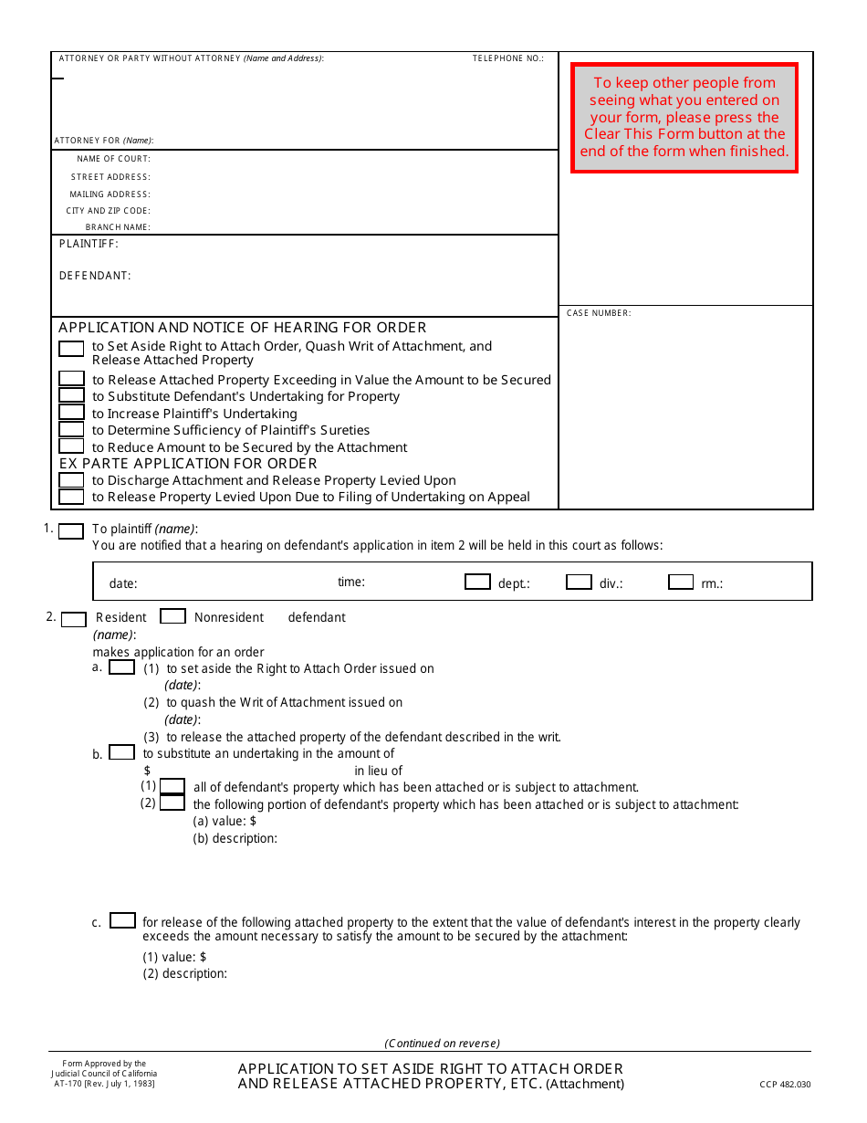Form AT-170 Application to Set Aside Right to Attach Order and Release Attached Property, Etc. - California, Page 1