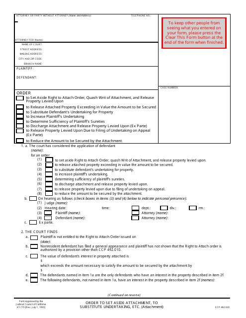Form AT-175 Order to Set Aside Attachment, to Substitute Undertaking, Etc. - California