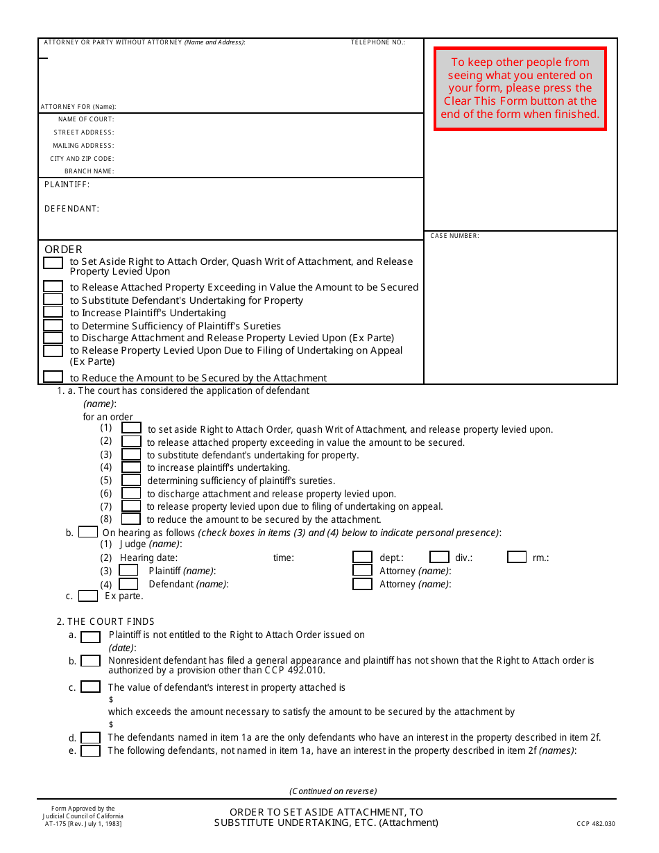 Form AT-175 Order to Set Aside Attachment, to Substitute Undertaking, Etc. - California, Page 1