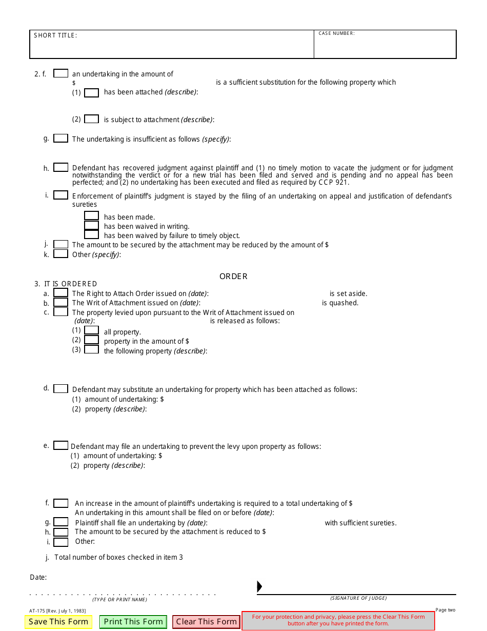 Form AT-175 Order to Set Aside Attachment, to Substitute Undertaking, Etc. - California, Page 2