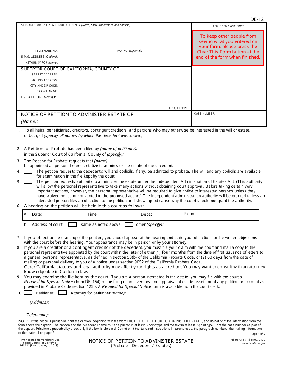 Form DE-121 Notice of Petition to Administer Estate - California, Page 1
