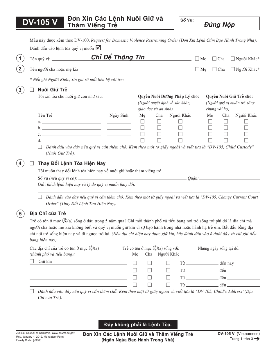 Form DV-105 V Request for Child Custody and Visitation Orders - California (Vietnamese), Page 1