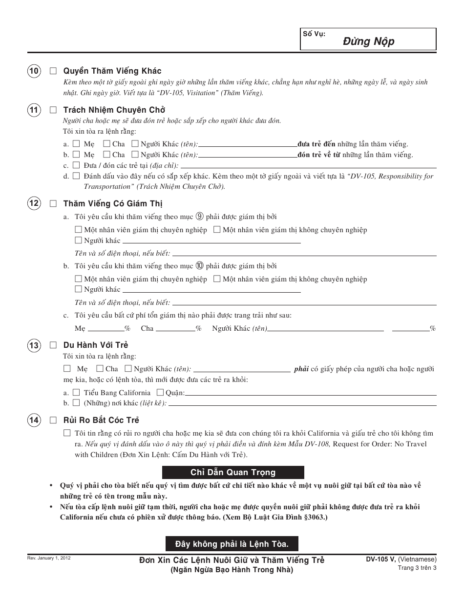 Form DV-105 V Request for Child Custody and Visitation Orders - California (Vietnamese), Page 3