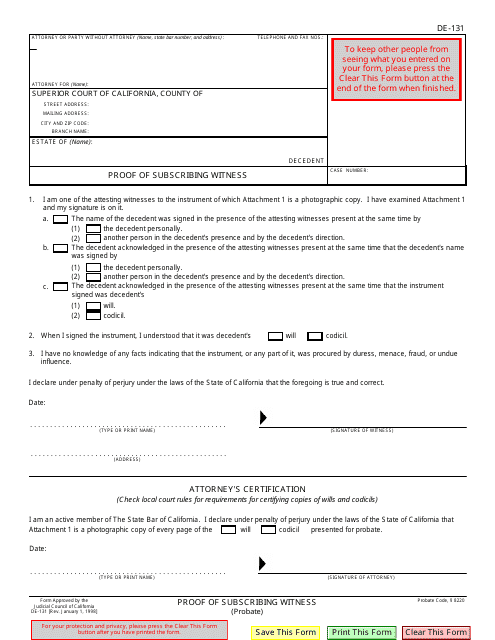 Form DE-131 Proof of Subscribing Witness - California