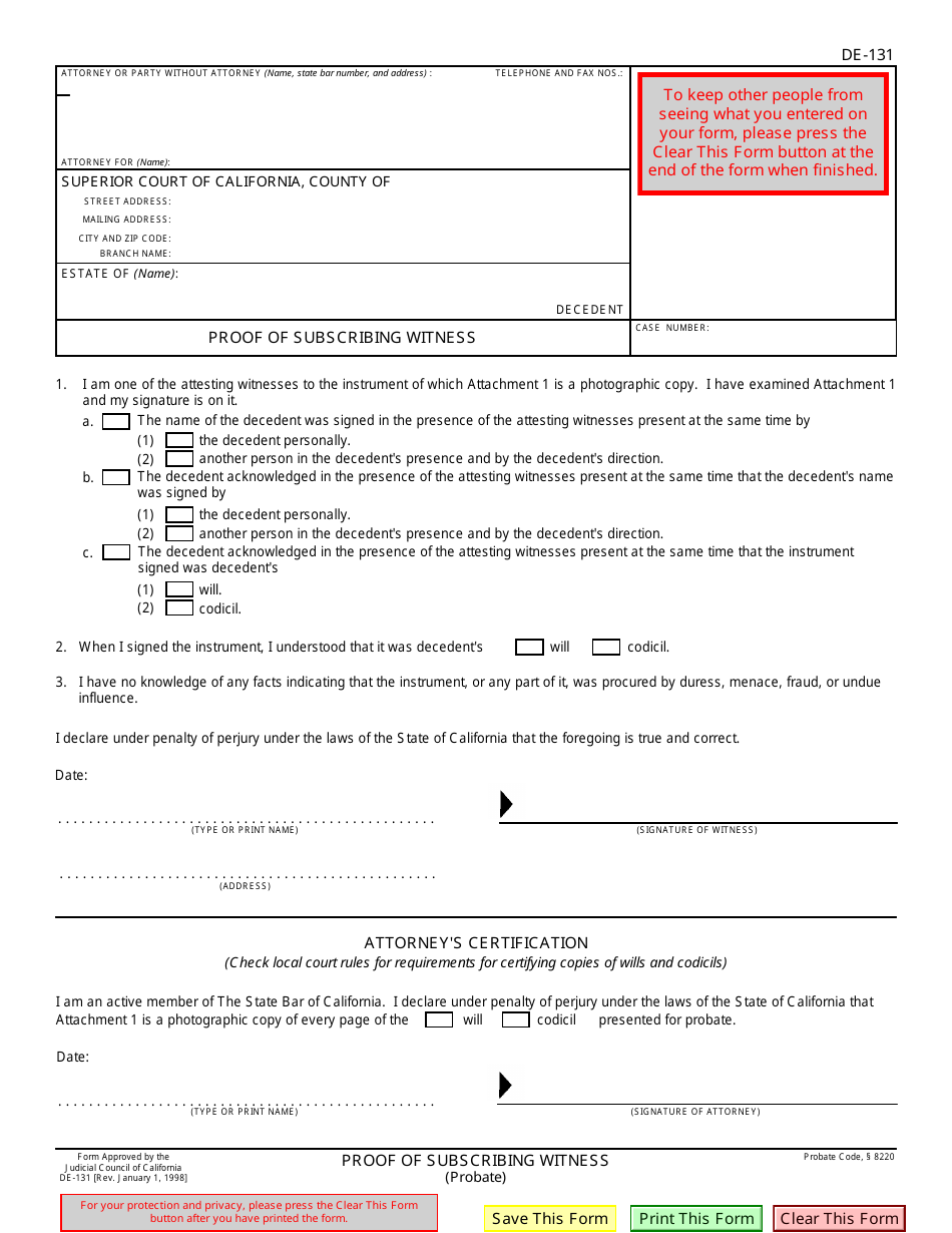 Form DE-131 Proof of Subscribing Witness - California, Page 1