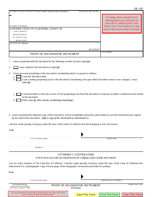 Form DE-135 Proof of Holographic Instrument - California