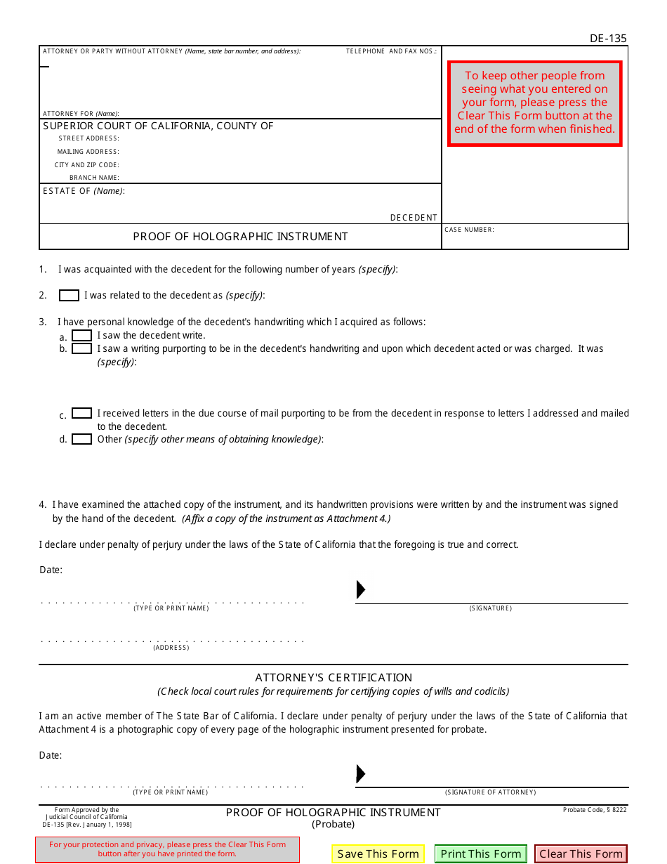 Form DE-135 Proof of Holographic Instrument - California, Page 1