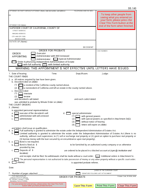 Form DE-140 Order for Probate - California