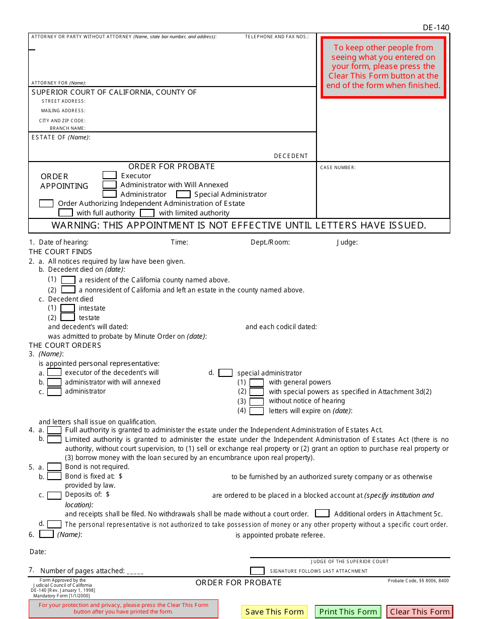 Form DE-140 Order for Probate - California, Page 1