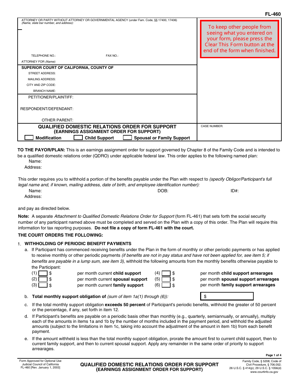 Form FL-460 Qualified Domestic Relations Order for Support (Earnings Assignment Order for Support) - California, Page 1