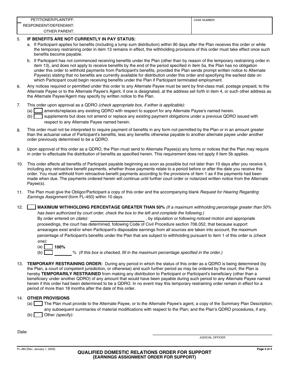 Form FL-460 Qualified Domestic Relations Order for Support (Earnings Assignment Order for Support) - California, Page 3