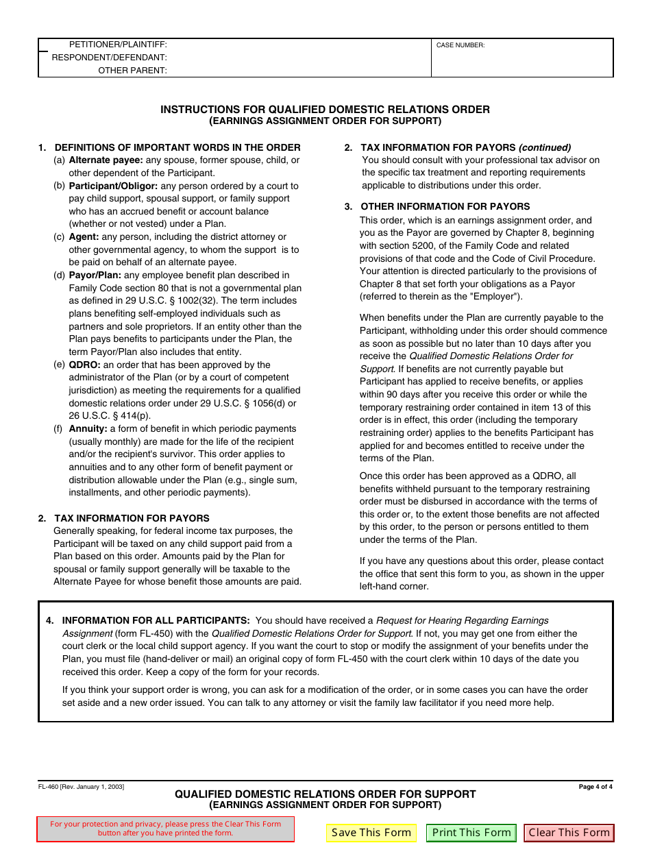 Form FL-460 Qualified Domestic Relations Order for Support (Earnings Assignment Order for Support) - California, Page 4