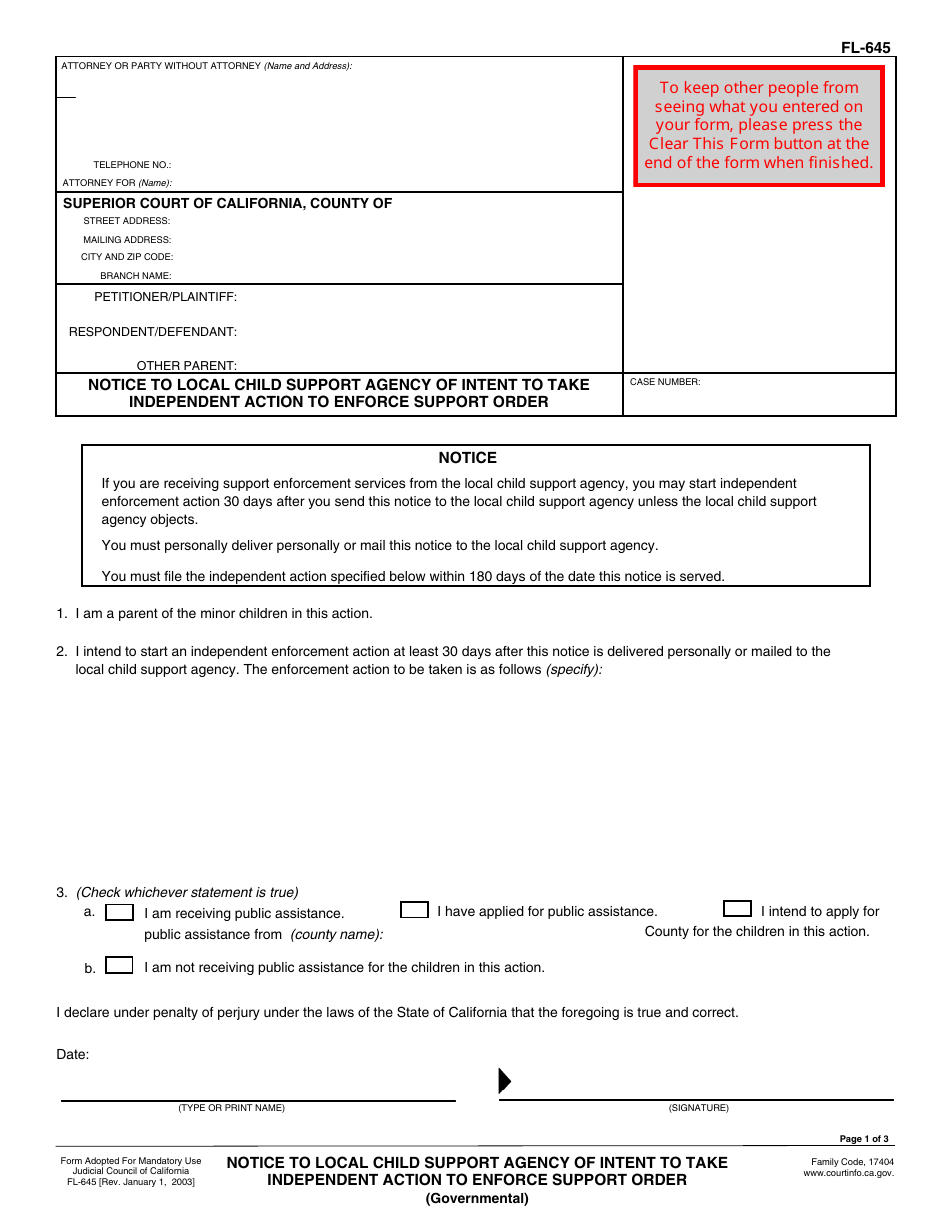 Form FL-645 Notice to Local Child Support Agency of Intent to Take Independent Action to Enforce Support Order - California, Page 1