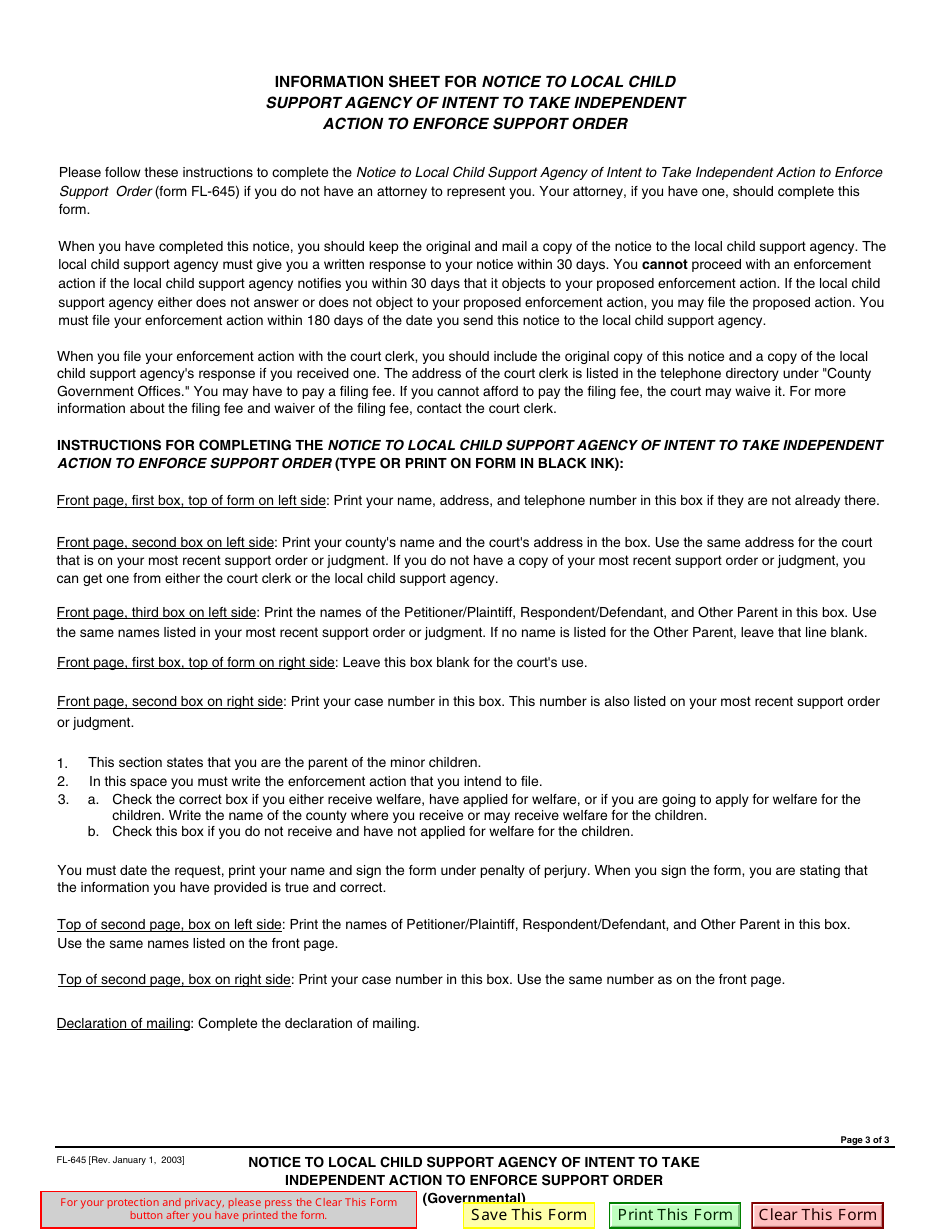 Form FL-645 Notice to Local Child Support Agency of Intent to Take Independent Action to Enforce Support Order - California, Page 3