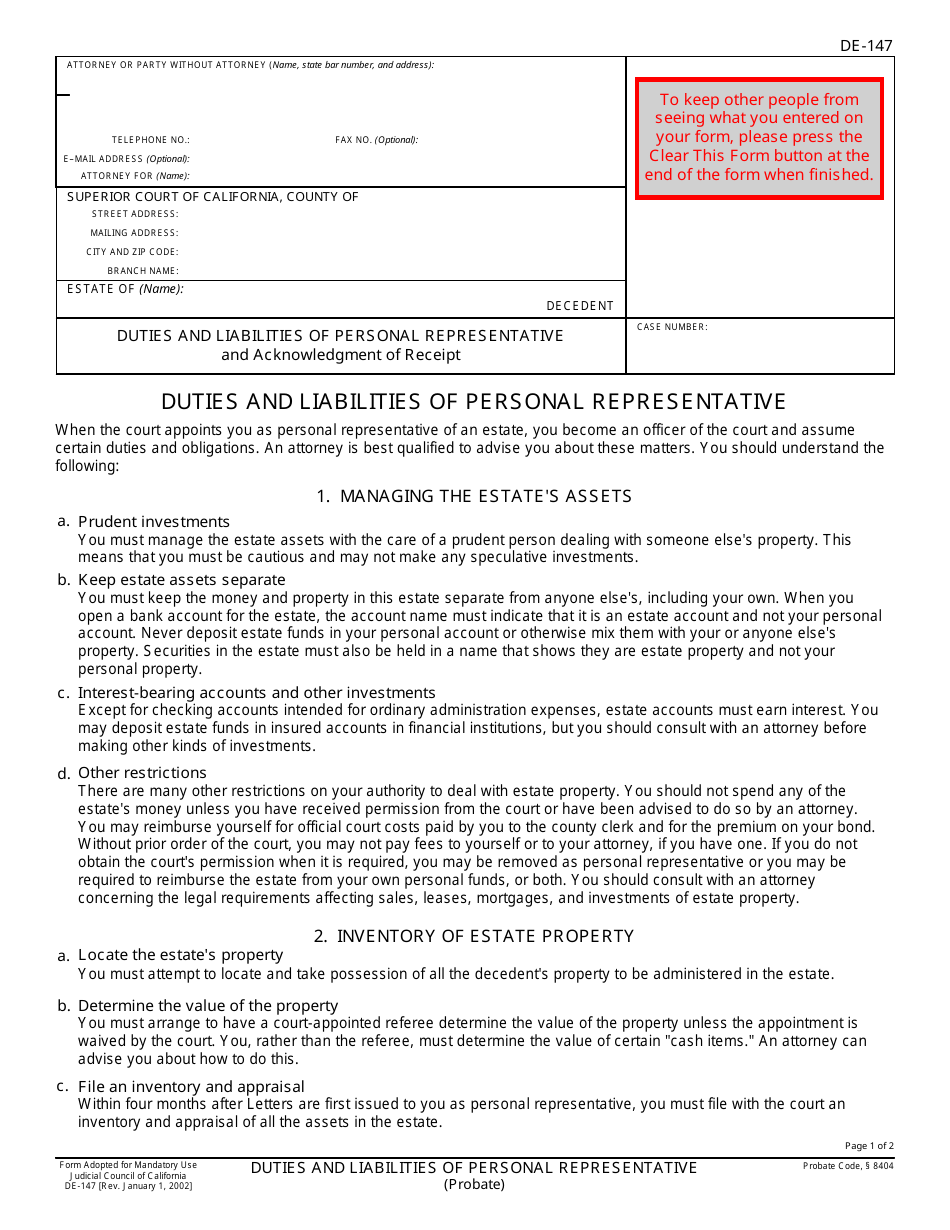 Form DE-147 Duties and Liabilities of Personal Representative - California, Page 1