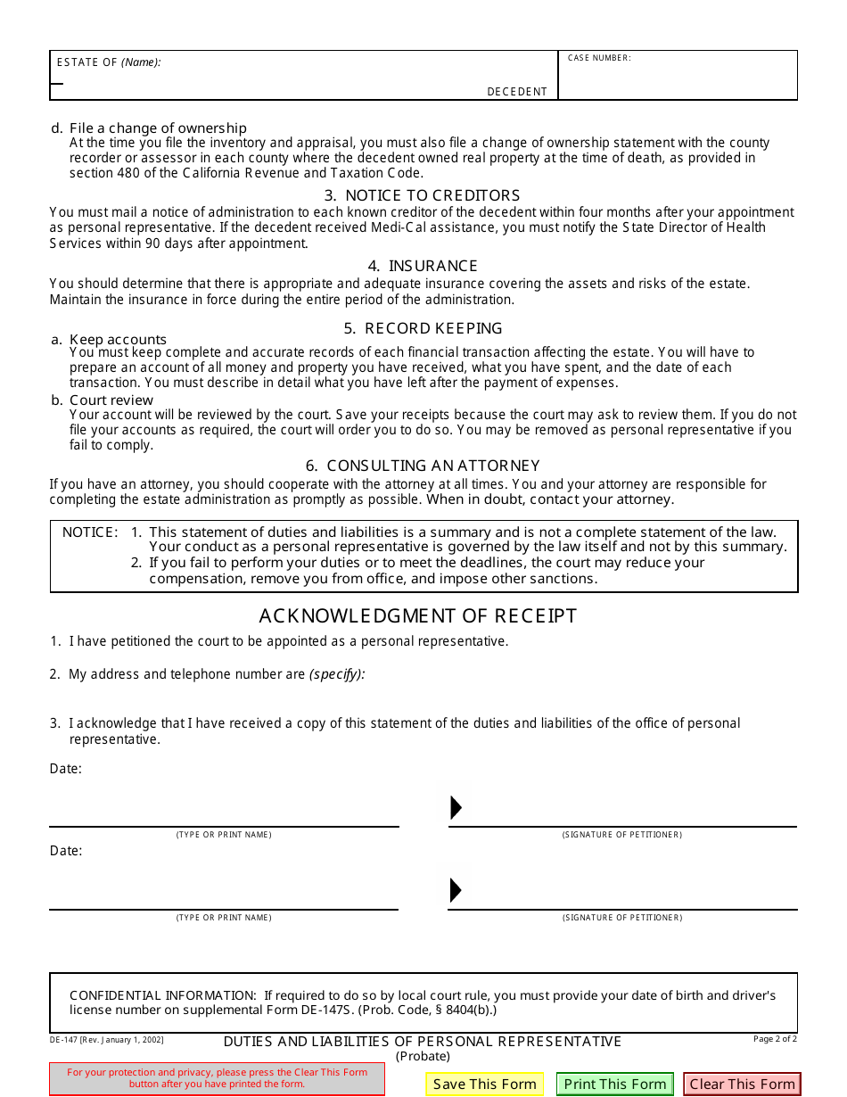 Form DE-147 Duties and Liabilities of Personal Representative - California, Page 2