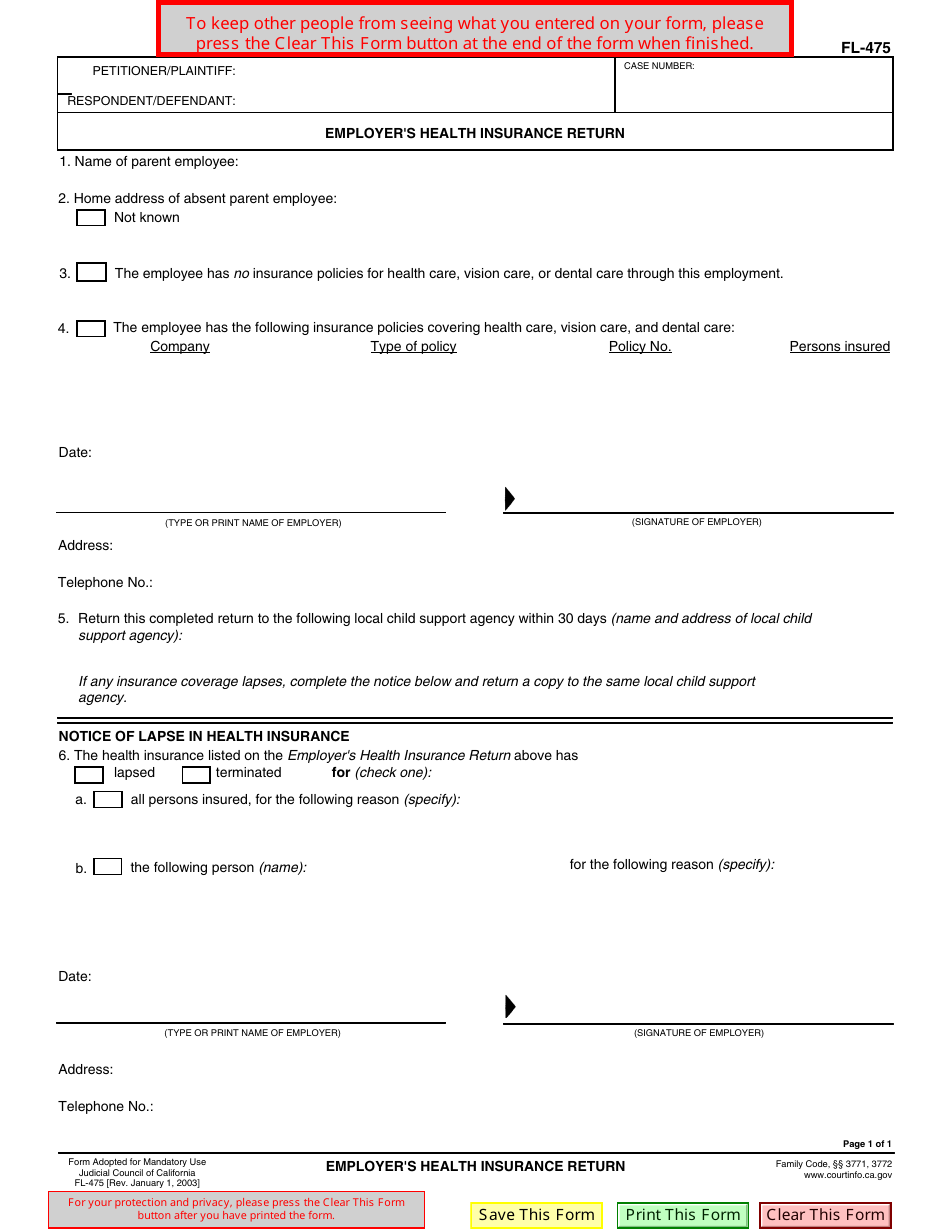 Form FL-475 Employers Health Insurance Return - California, Page 1