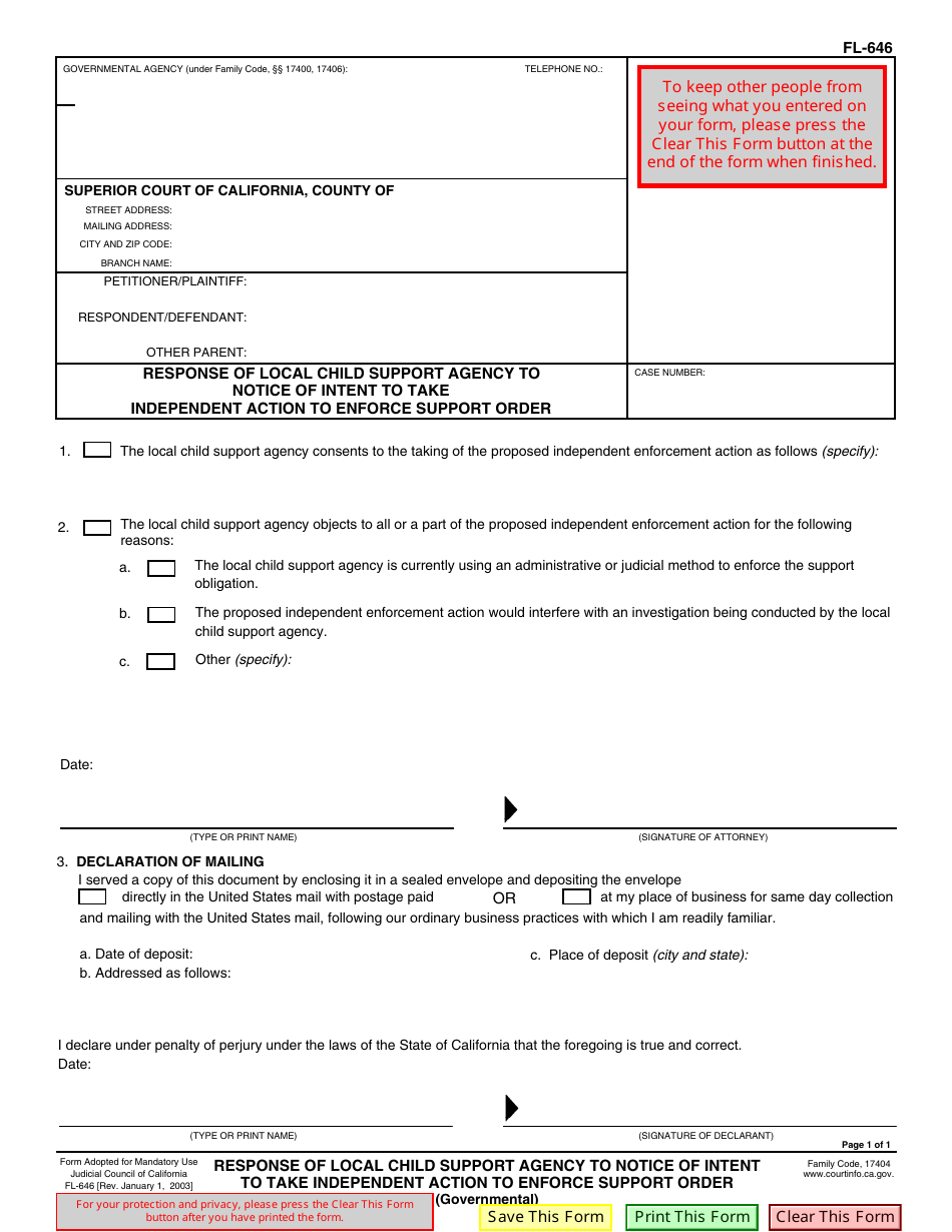 Form FL-646 Response of Local Child Support Agency to Notice of Intent to Take Independent Action to Enforce Support Order - California, Page 1