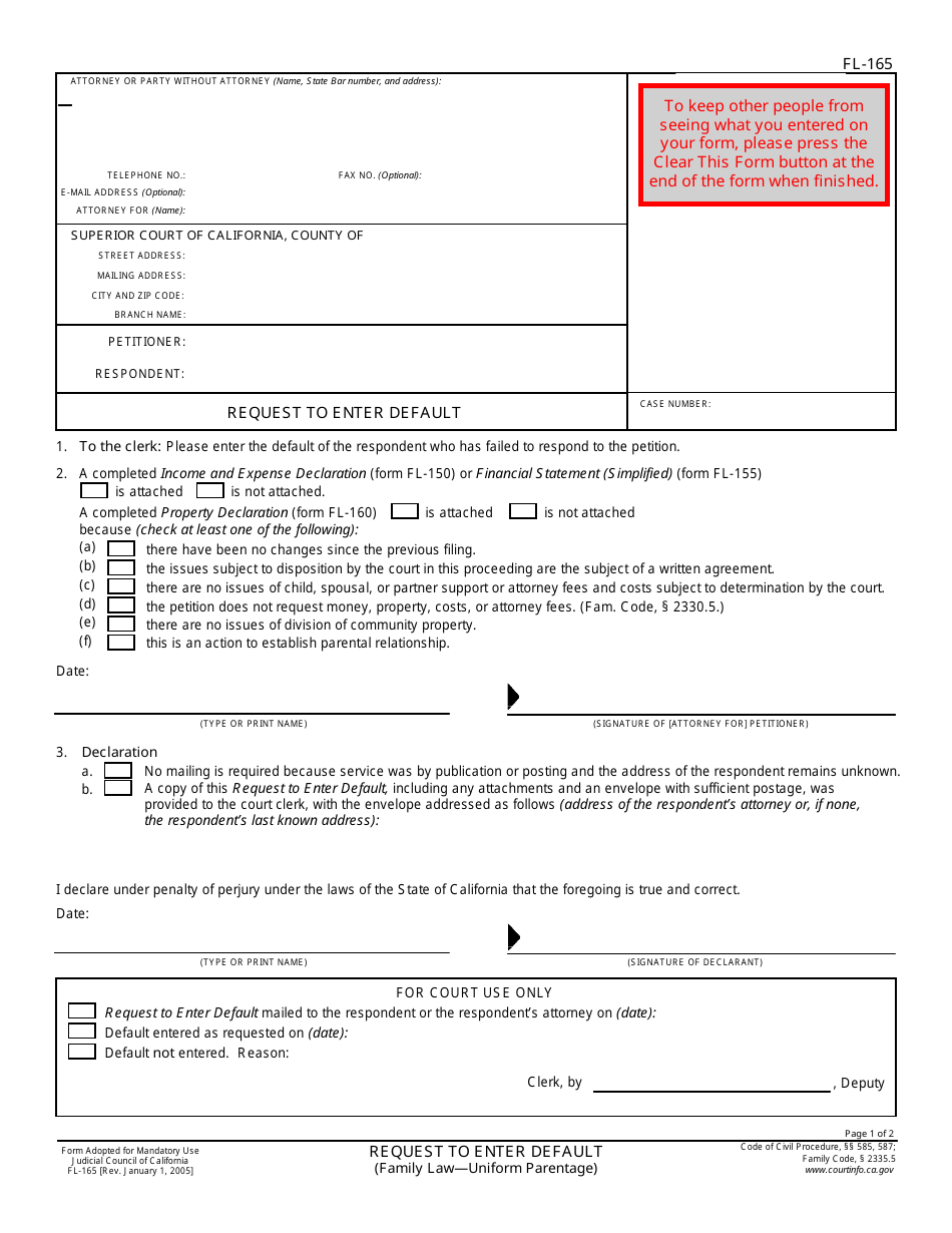 Form FL-165 Request to Enter Default - California, Page 1