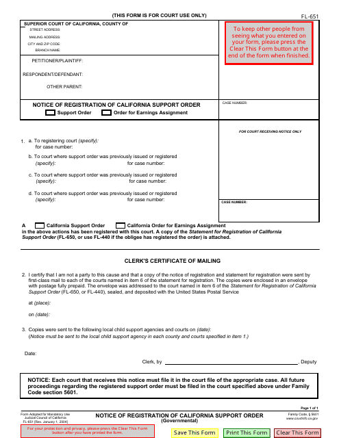 Form FL-651 Notice of Registration of California Support Order - California