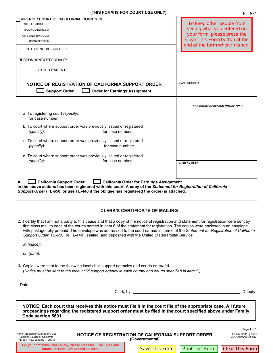 Form FL-651 Notice of Registration of California Support Order - California, Page 1