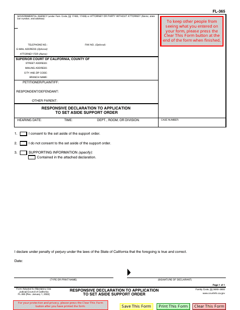 Form FL-365 Responsive Declaration to Application to Set Aside Support Order - California