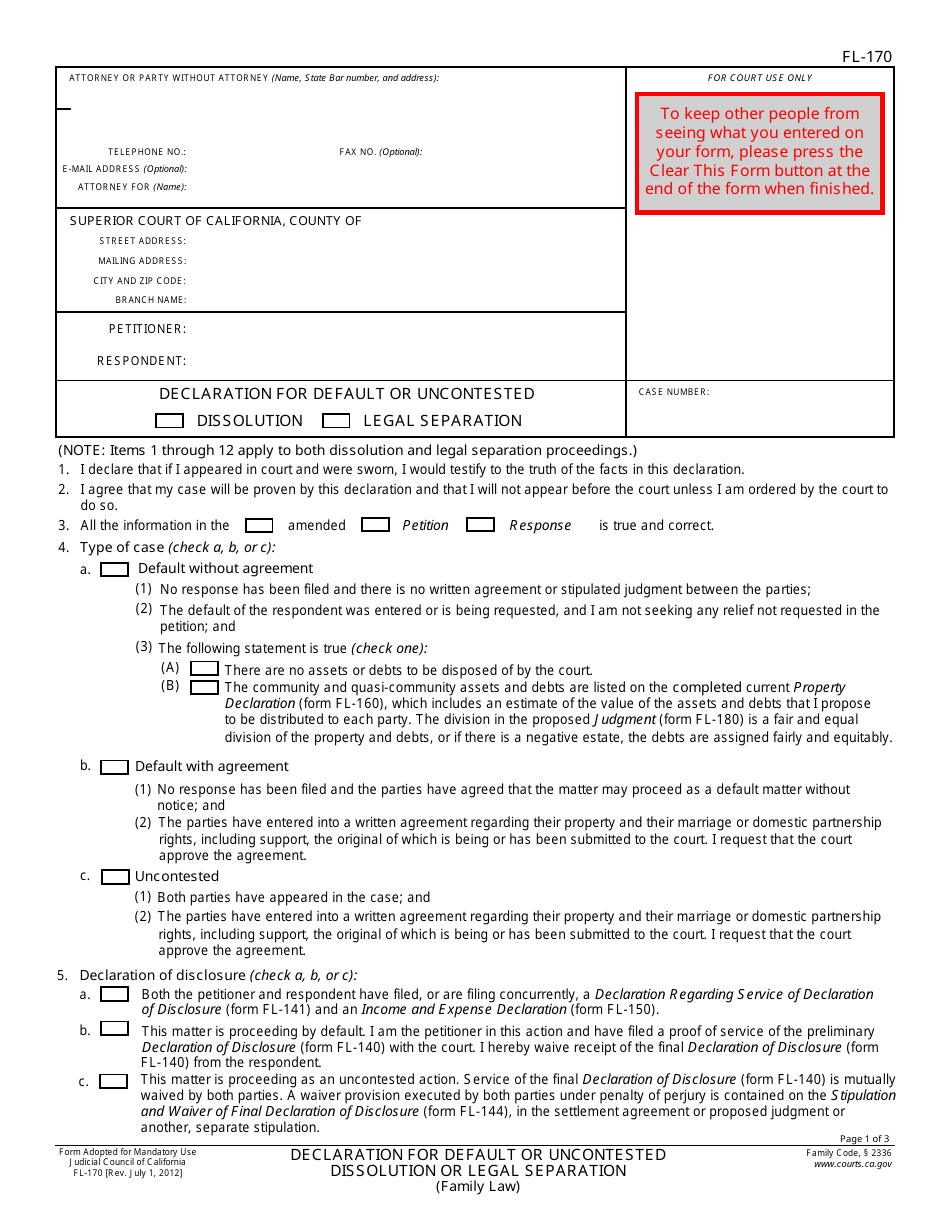 Form FL-170 - Fill Out, Sign Online and Download Fillable PDF ...