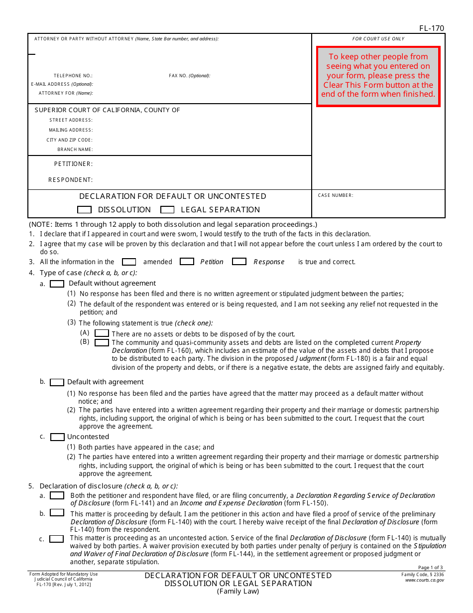 Form FL-170 Declaration for Default or Uncontested Dissolution or Legal Separation - California, Page 1