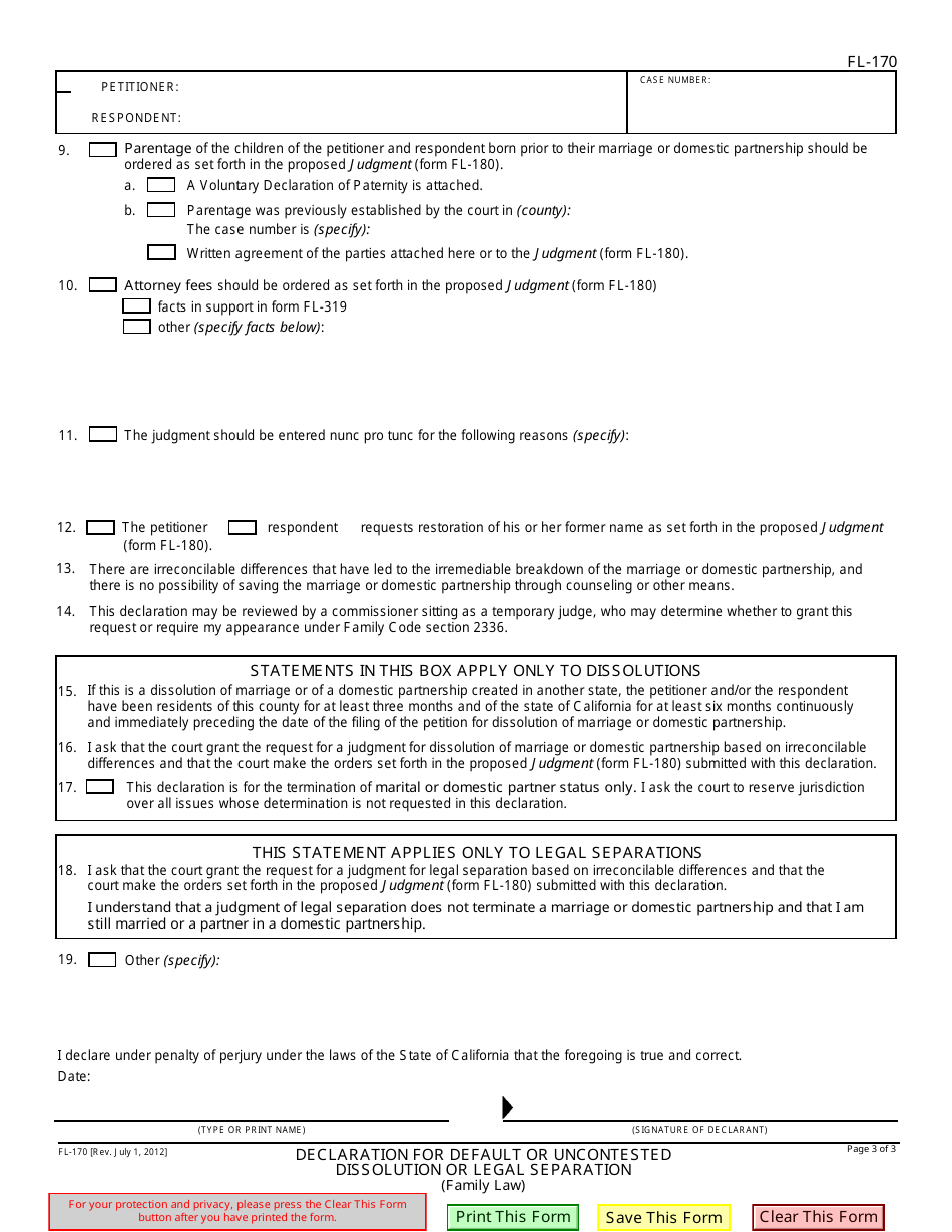Form FL-170 Declaration for Default or Uncontested Dissolution or Legal Separation - California, Page 3