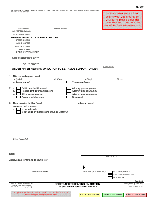 Form FL-367 Order After Hearing on Motion to Set Aside Support Order - California