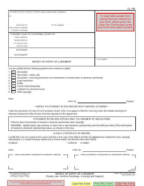 Form FL-190 Notice of Entry of Judgment (Uniform Parentage - Custody and Support) - California