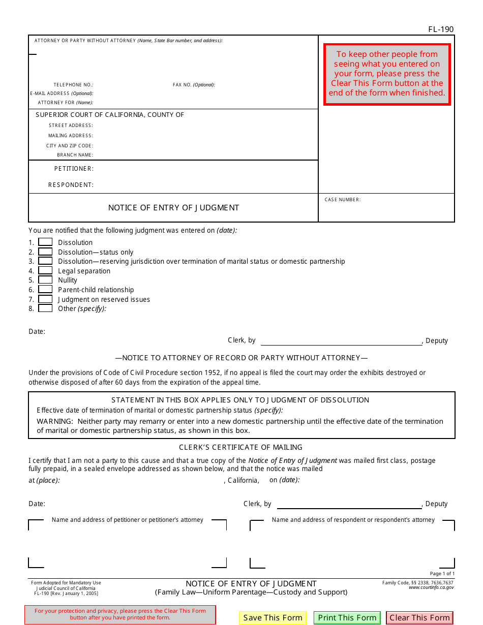 Form FL-190 Notice of Entry of Judgment (Uniform Parentage - Custody and Support) - California, Page 1