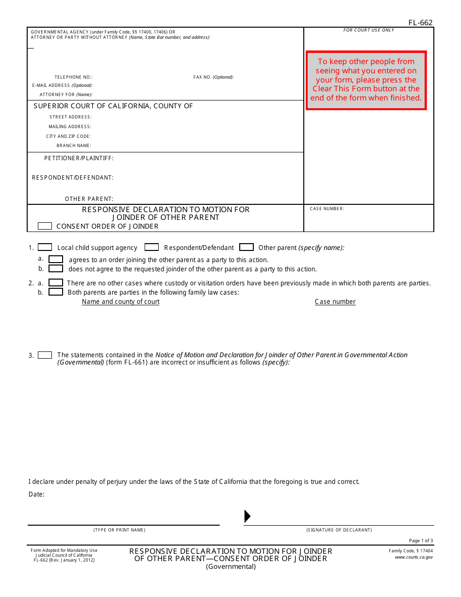 Form FL-662 Responsive Declaration to Motion for Joinder of Other Parent - Consent Order of Joinder - California, Page 1