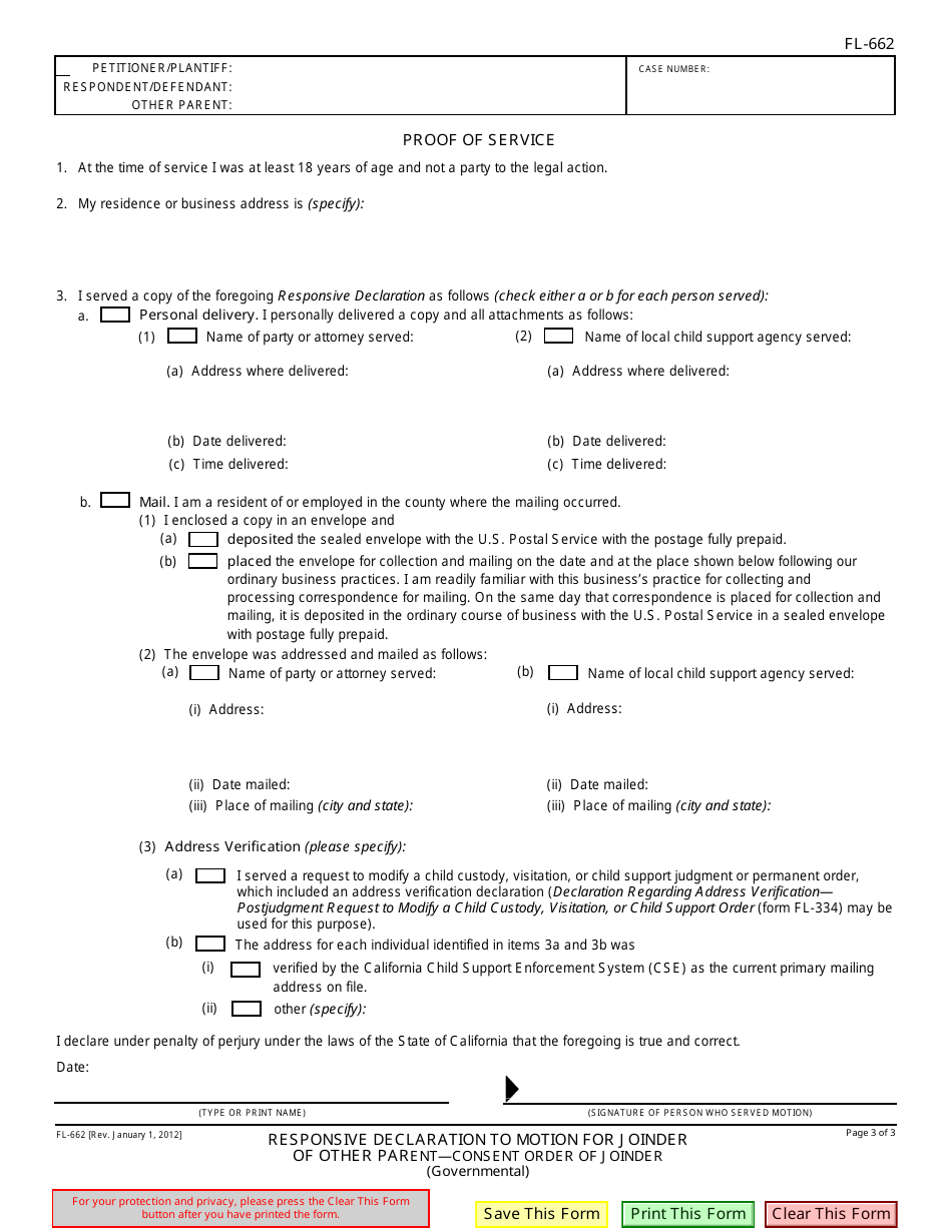 Form FL-662 Responsive Declaration to Motion for Joinder of Other Parent - Consent Order of Joinder - California, Page 3