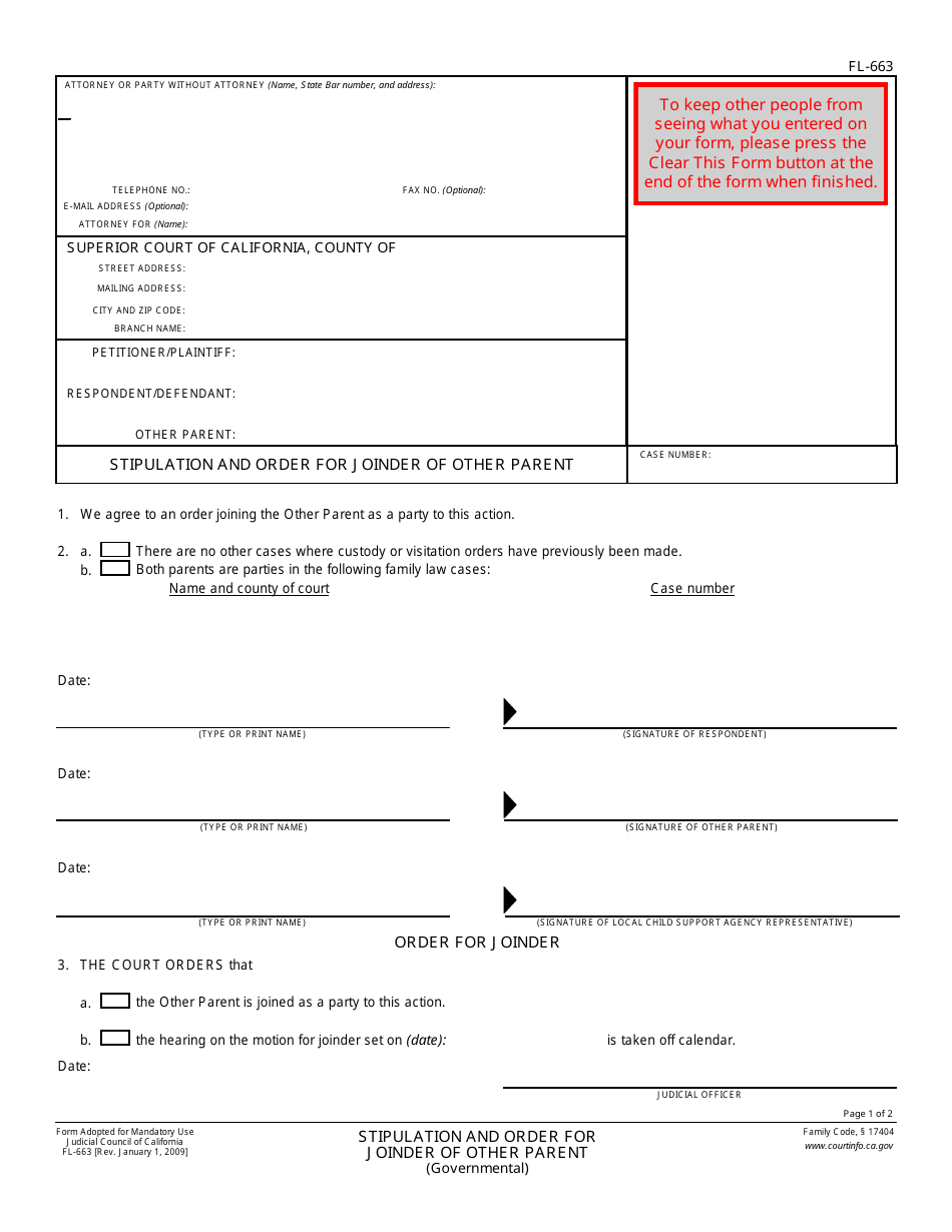 Form FL-663 Stipulation and Order for Joinder of Other Parent (Governmental) - California, Page 1