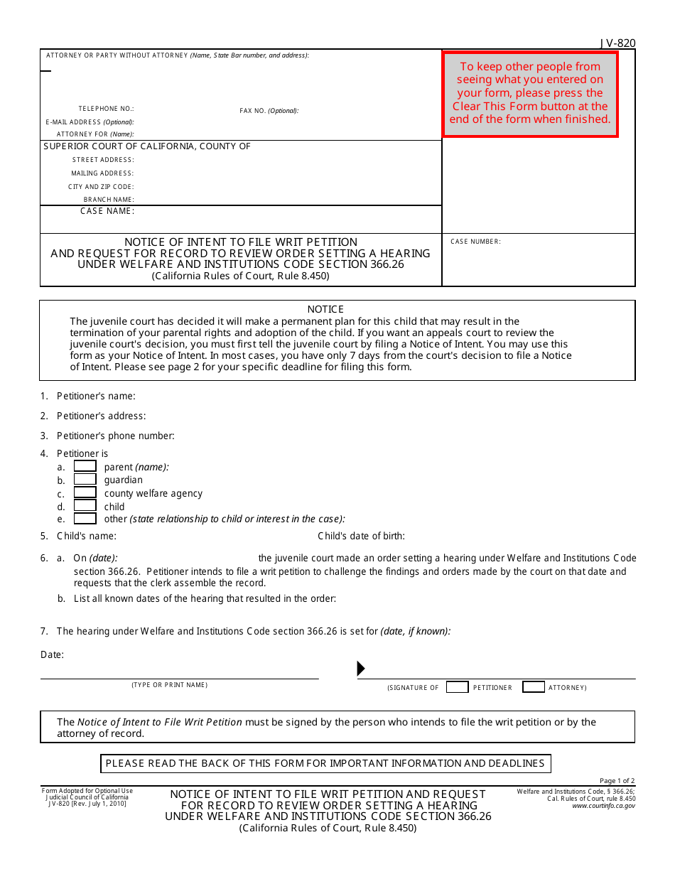 Form JV-820 Notice of Intent to File Writ Petition and Request for Record to Review Order Setting a Hearing Under Welfare and Institutions Code Section 366.26 (California Rules of Court, Rule 8.450) - California, Page 1