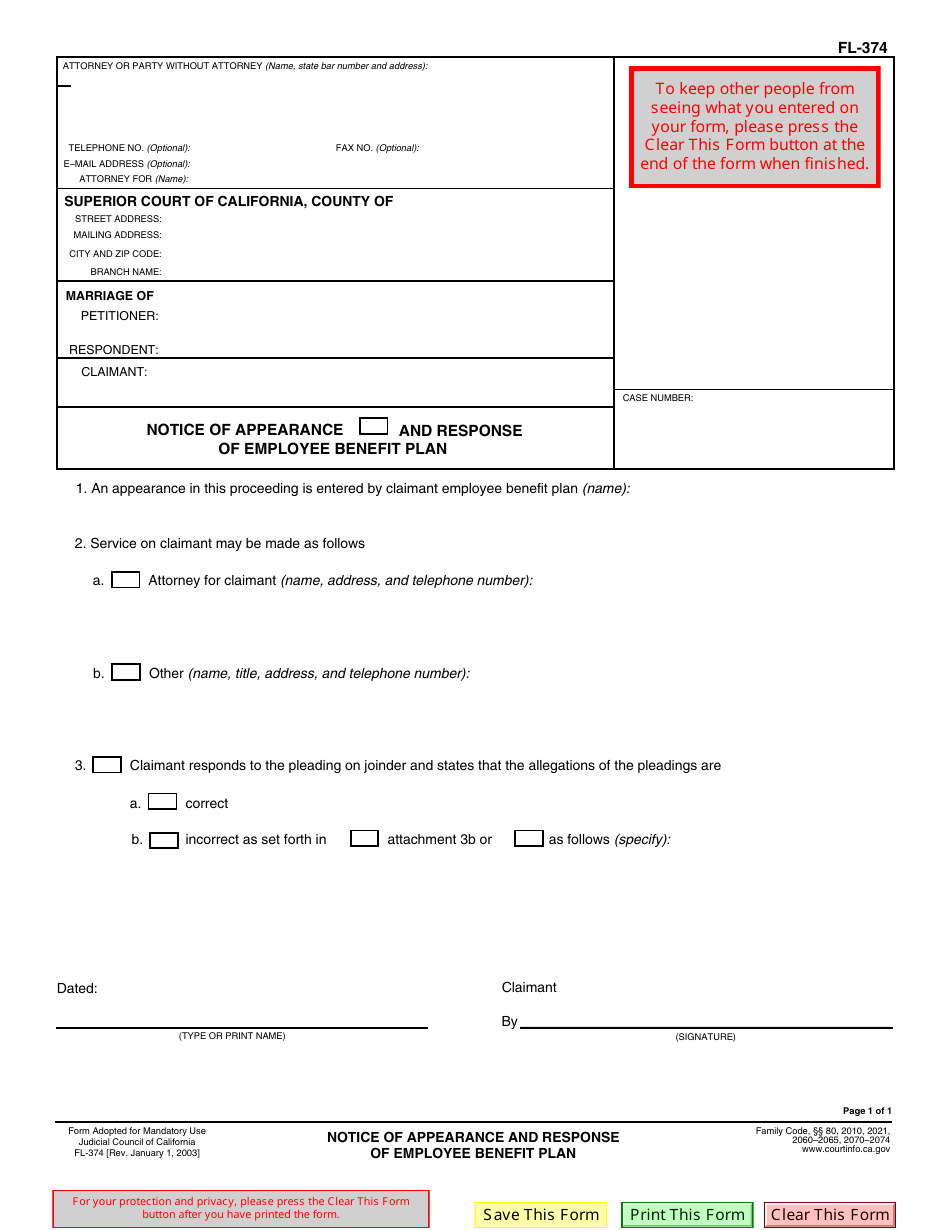 Form FL-374 Notice of Appearance and Response of Employee Benefit Plan - California, Page 1
