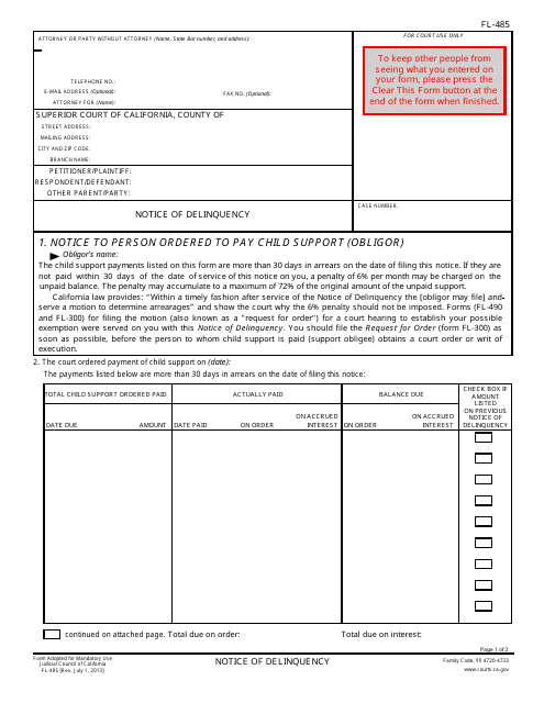 Form FL-485 Notice of Delinquency - California