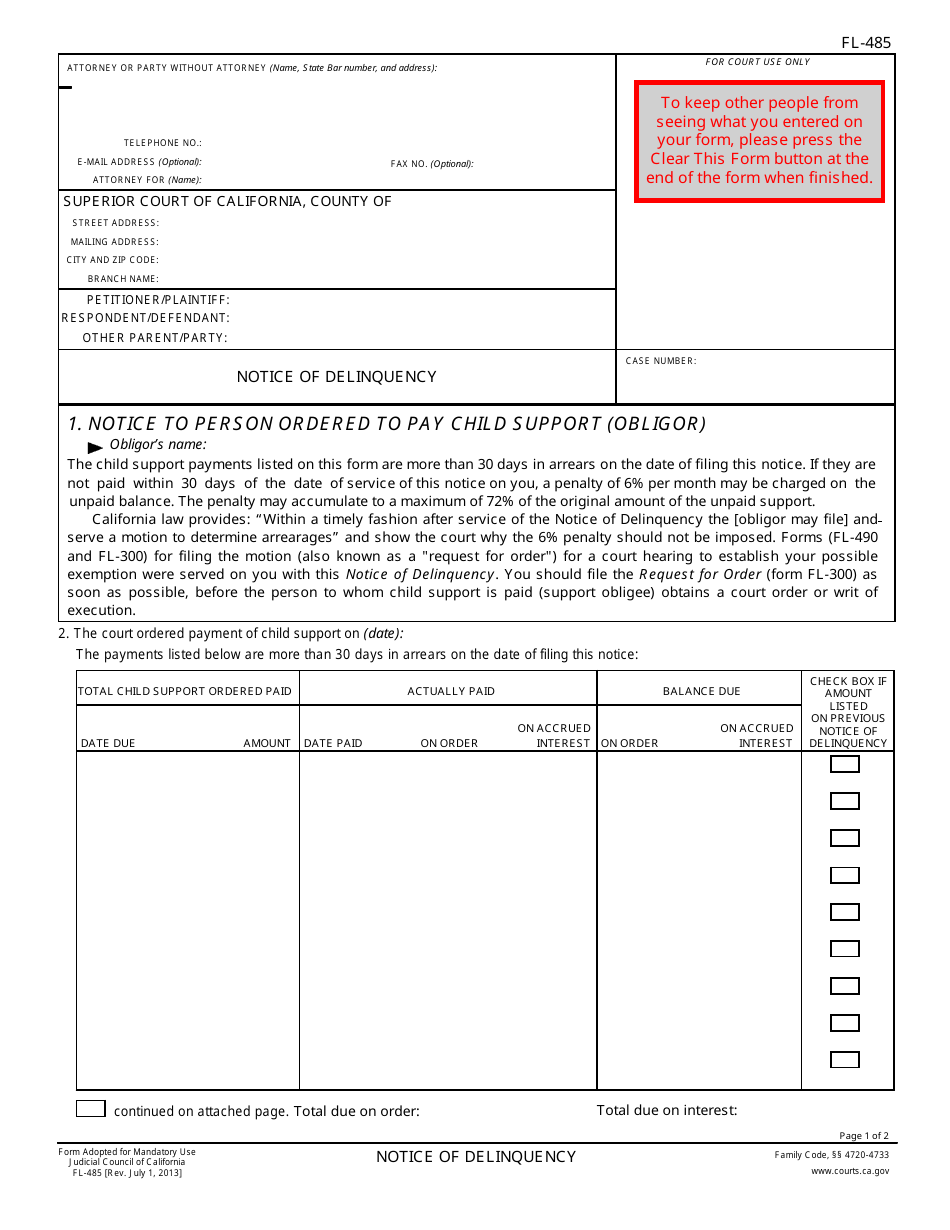 Form FL-485 Notice of Delinquency - California, Page 1