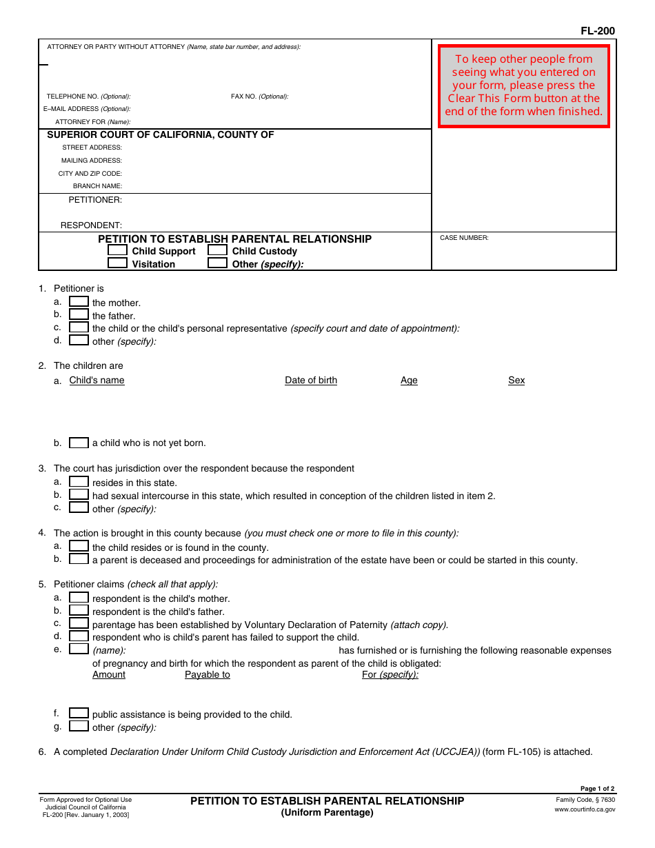 Form FL-200 Petition to Establish Parental Relationship - California, Page 1