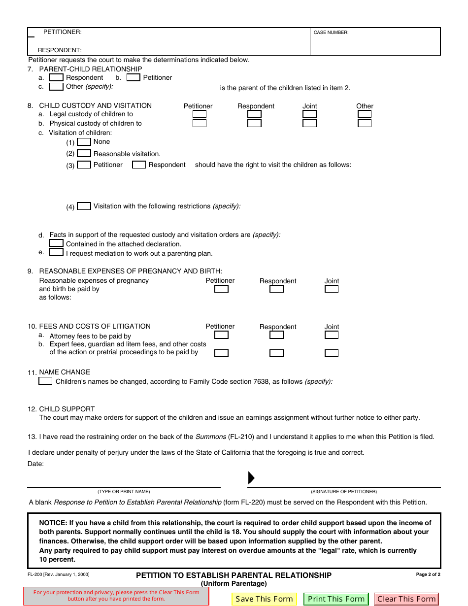 Form FL-200 Petition to Establish Parental Relationship - California, Page 2