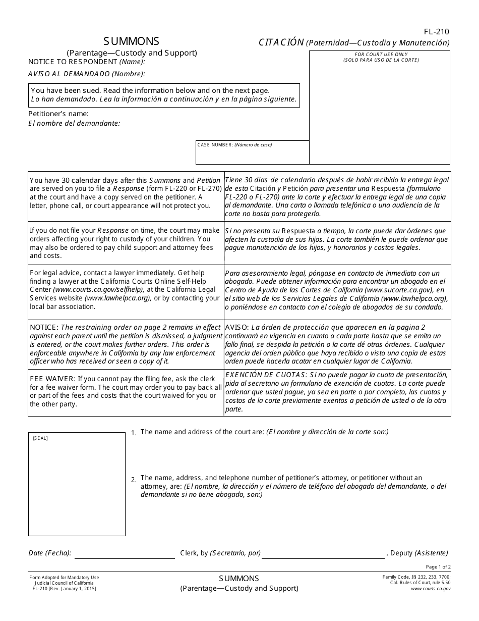 Form FL-210 Summons (Uniform Parentage - Petition for Custody and Support) - California (English / Spanish), Page 1