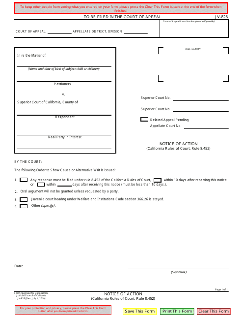 Form JV-828  Printable Pdf
