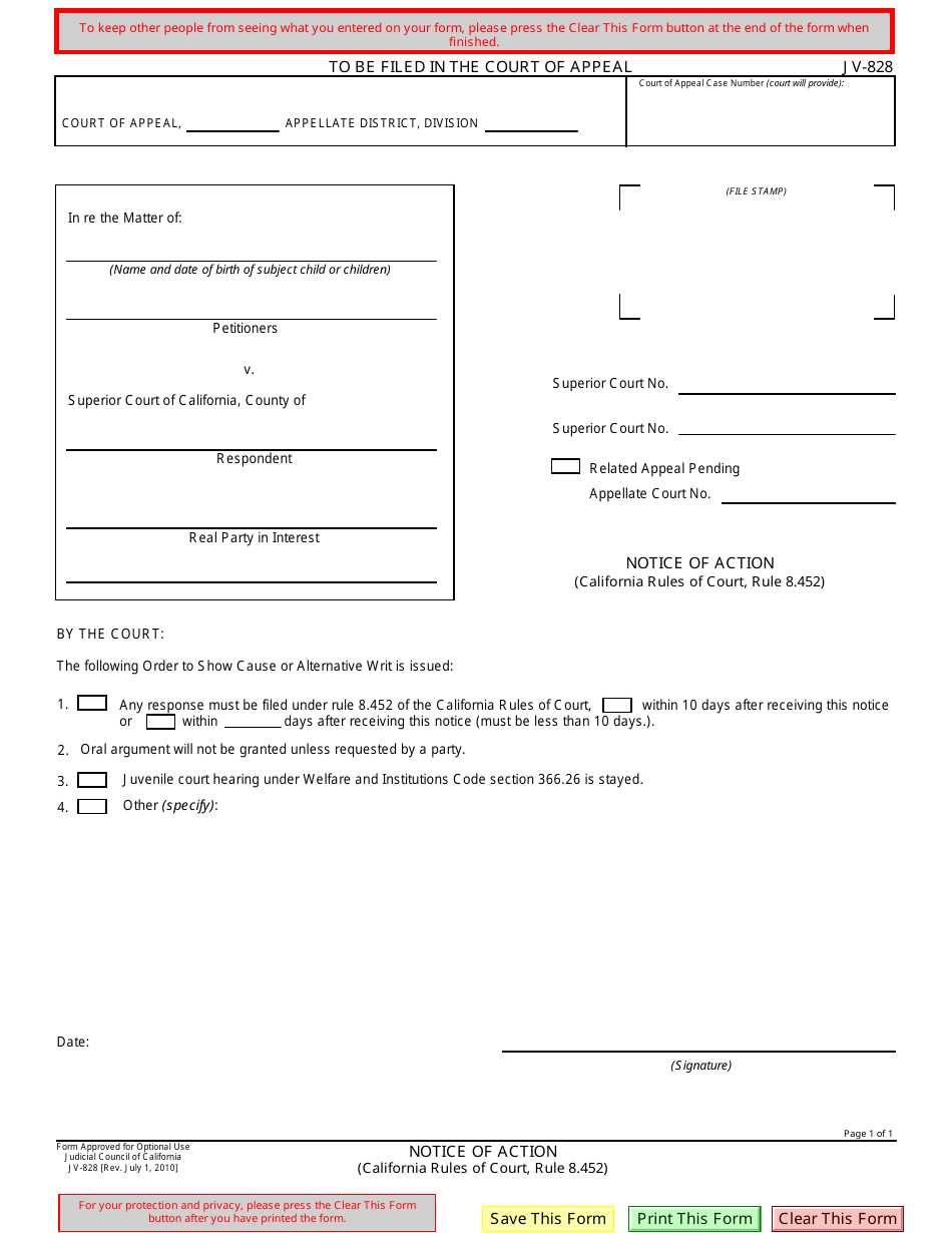 Form JV-828 Notice of Action (California Rules of Court, Rule 8.452) - California, Page 1