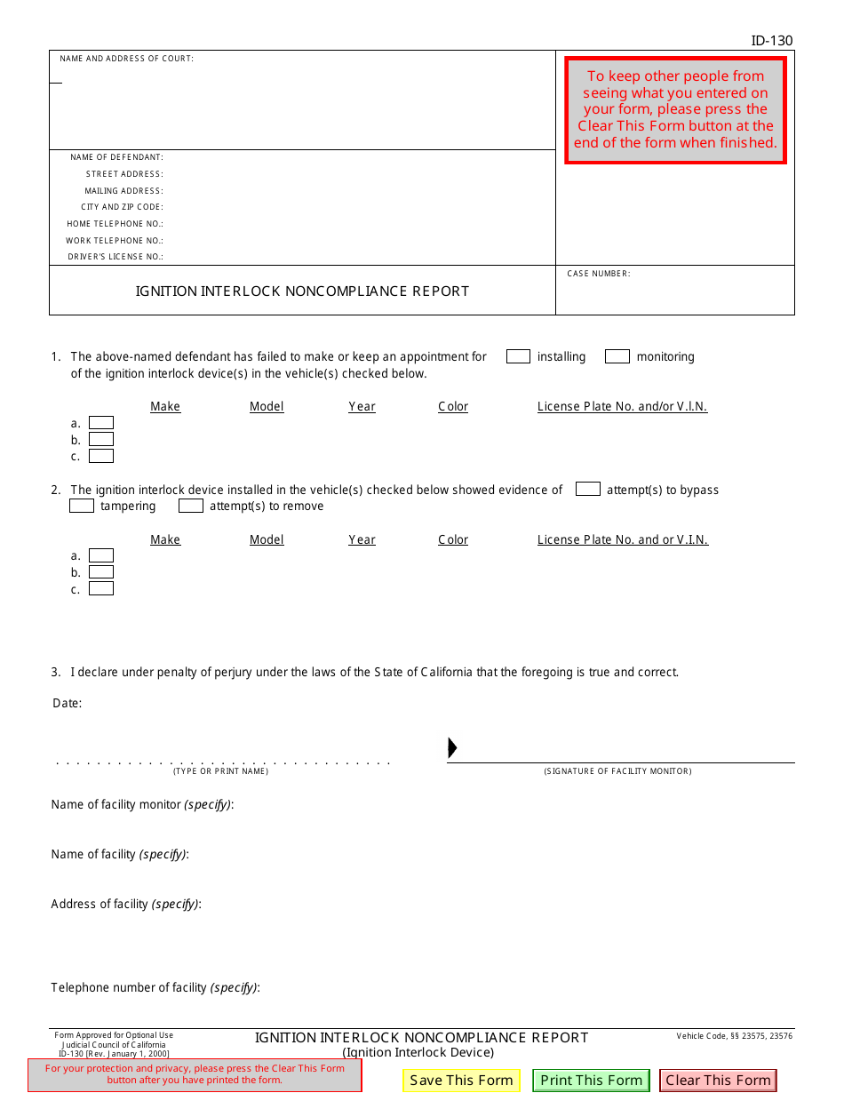 Form ID-130 Ignition Interlock Noncompliance Report - California, Page 1