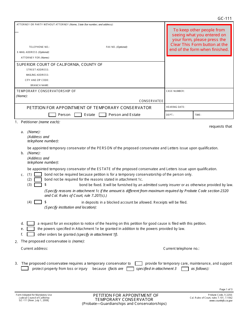 Form GC-111 Petition for Appointment of Temporary Conservator - California, Page 1