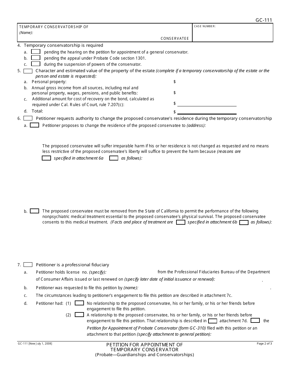 Form GC-111 Petition for Appointment of Temporary Conservator - California, Page 2